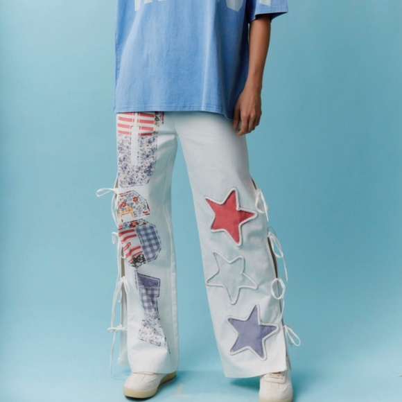 Peach Love “ Summer “ Peach Love Twill Pants with USA Patchwork Detail SR33 - Picture 2 of 8